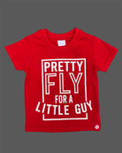 Red graphic t-shirt with Pretty Fly typography print and light grey elasticated shorts baby boy top and shorts set for summer vacations, playdates, and park outings