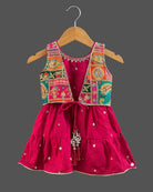 Pink girls kids indo western set with printed jacket, dhoti pants, and dupatta