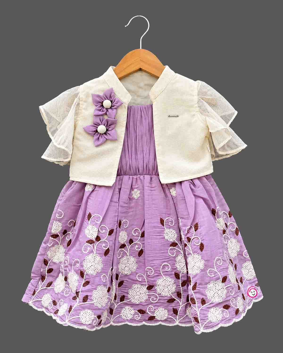 Silk frocks for baby girl with floral embroidery and tiered jacket