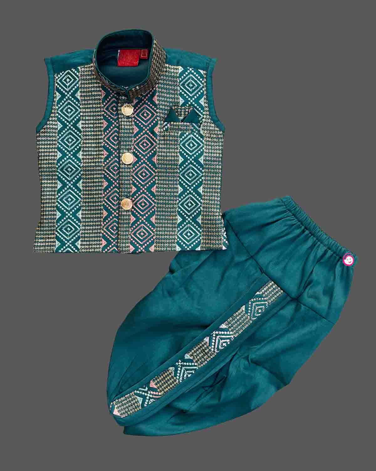 Boys elegant design dhoti set - Dark Green