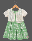Toddler sage green floral embroidered cotton frock with off white lace jacket for casual wear
