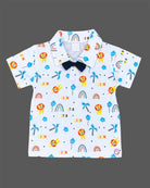Printed short sleeve shirt with bow tie and navy suspender dress for infant