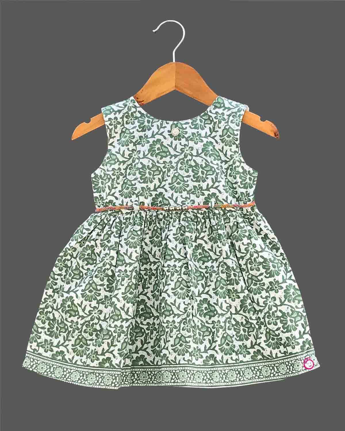 Girls floral printed casual frock - Dark Green