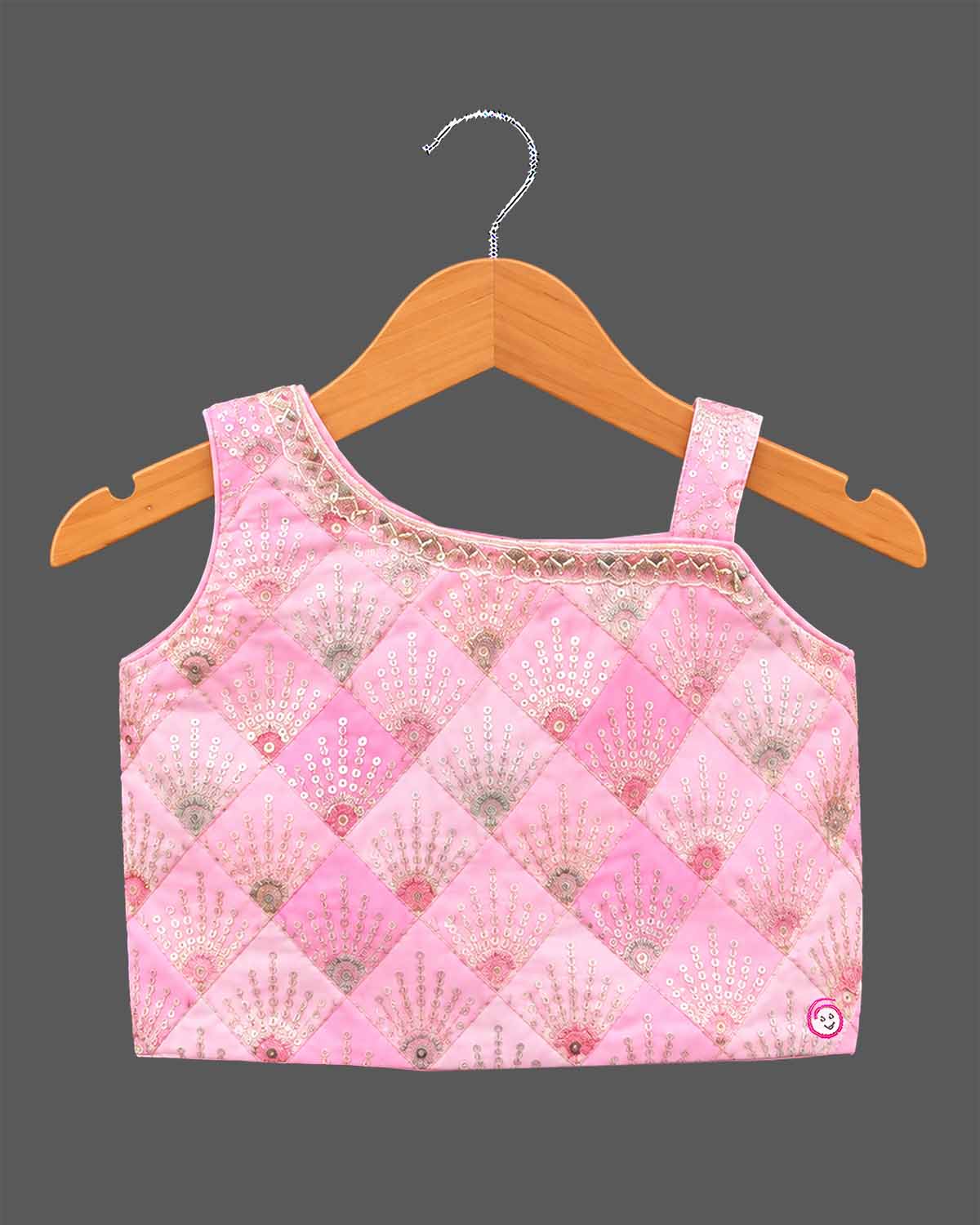 Toddler girls embroidered choli lehenga set with tassel drawstring and flared hem border.