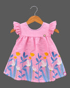 Toddler embroidered flared frock featuring a botanical hem and frilled sleeves