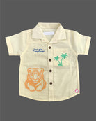 Toddler Boys Casual Outfit: Jungle Tiger Print Collared Shirt paired with Solid Drawstring Cargo Shorts