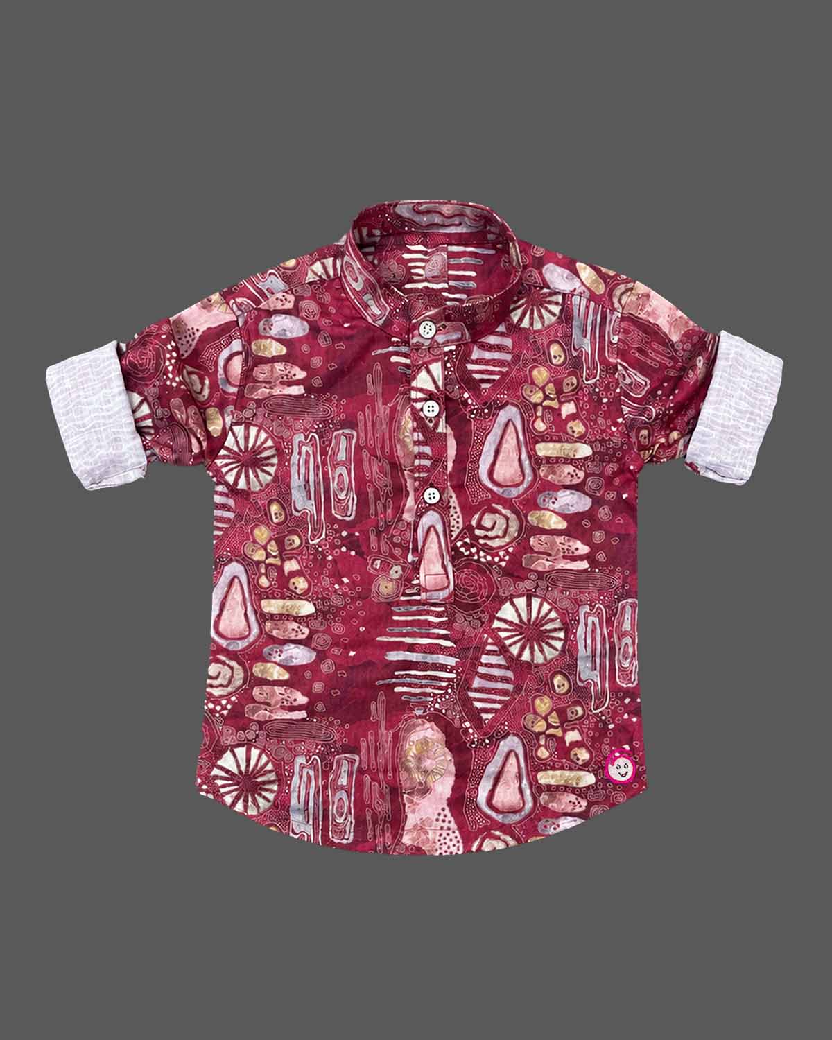 Printed kurti for kids featuring mandarin collar and roll-up sleeves for festivals.