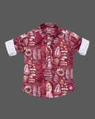 Printed kurti for kids featuring mandarin collar and roll-up sleeves for festivals.