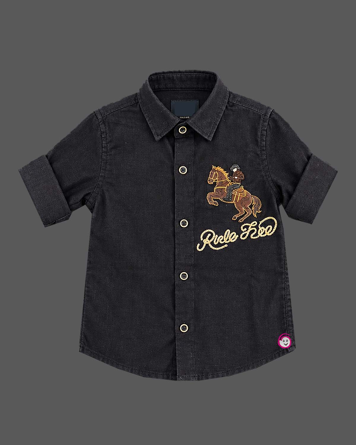 Button-down embroidered toddler shirt with roll-up sleeves for kids party wear