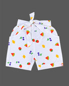 Girls fruit print notch collar top with flutter sleeves and matching tie-belt shorts set.