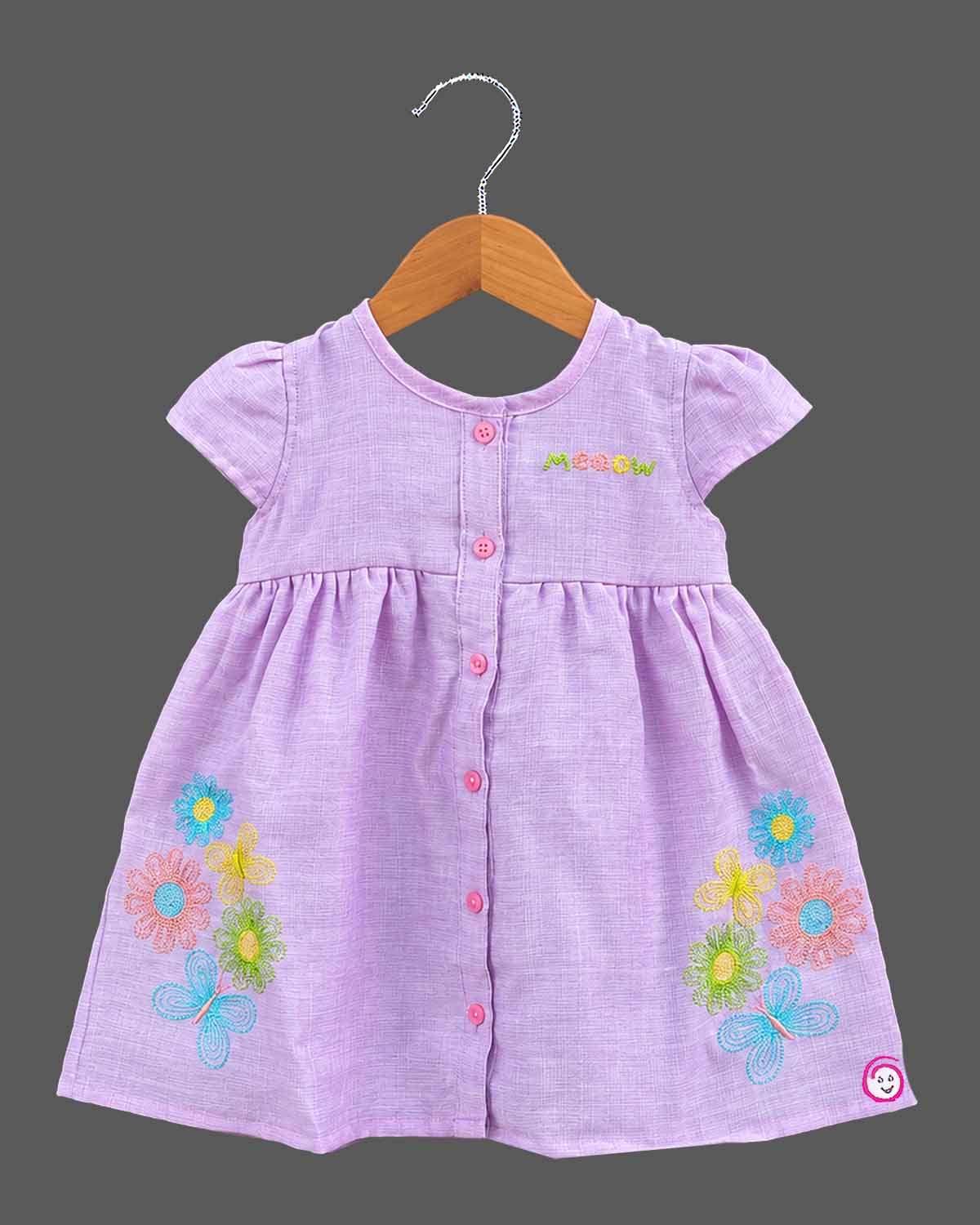 Infant gathered button frock with floral hem embroidery and baby casual wear dress styling