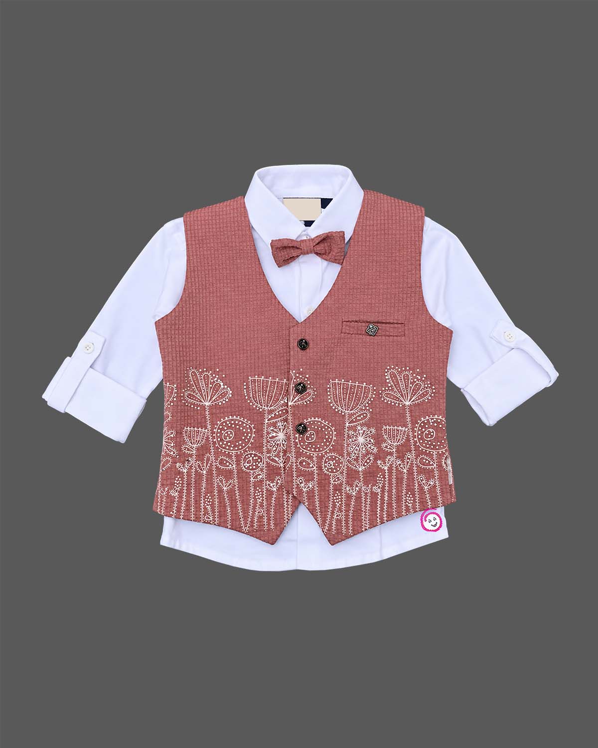 Boys suit waistcoat set with embroidered vest, shirt, bow tie, and trousers