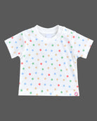 Baby clothes set featuring a white star print t-shirt and beige printed romper