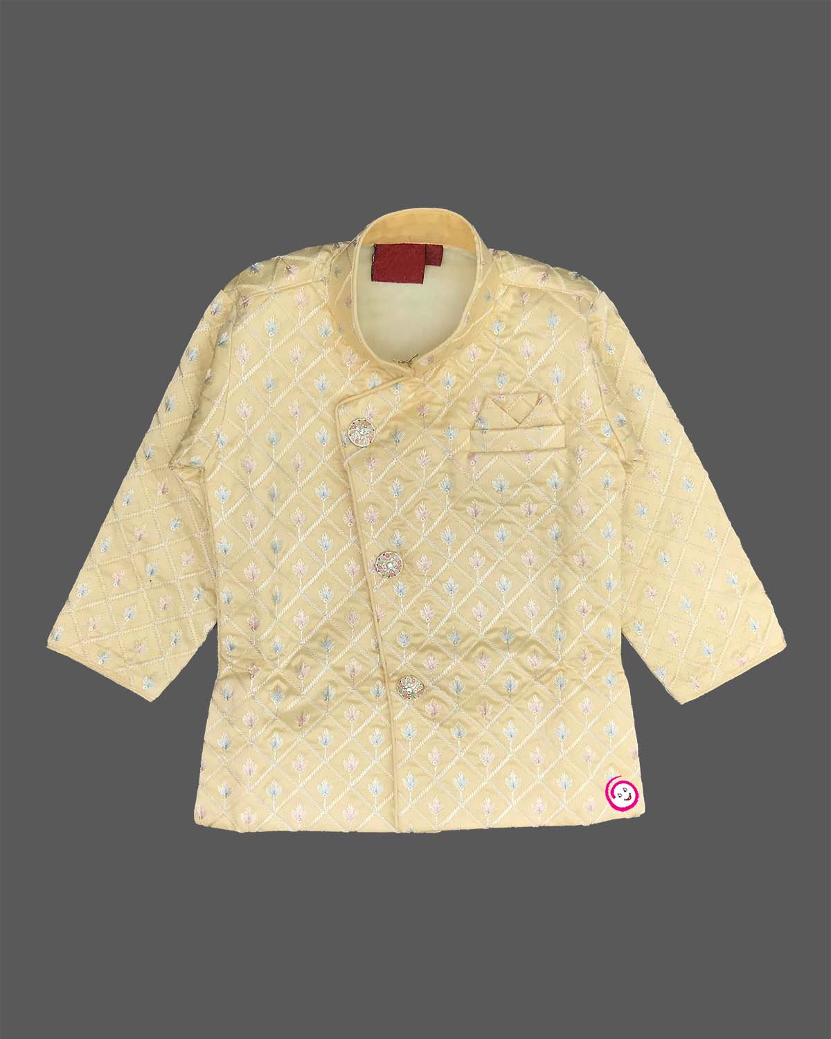 Boys quilted thread embroidered sherwani set with mandarin collar and pyjamas for festive gatherings and haldi ceremonies.