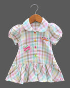 Baby girl checked cotton casual frock with peter pan collar and puff sleeves for summer picnics