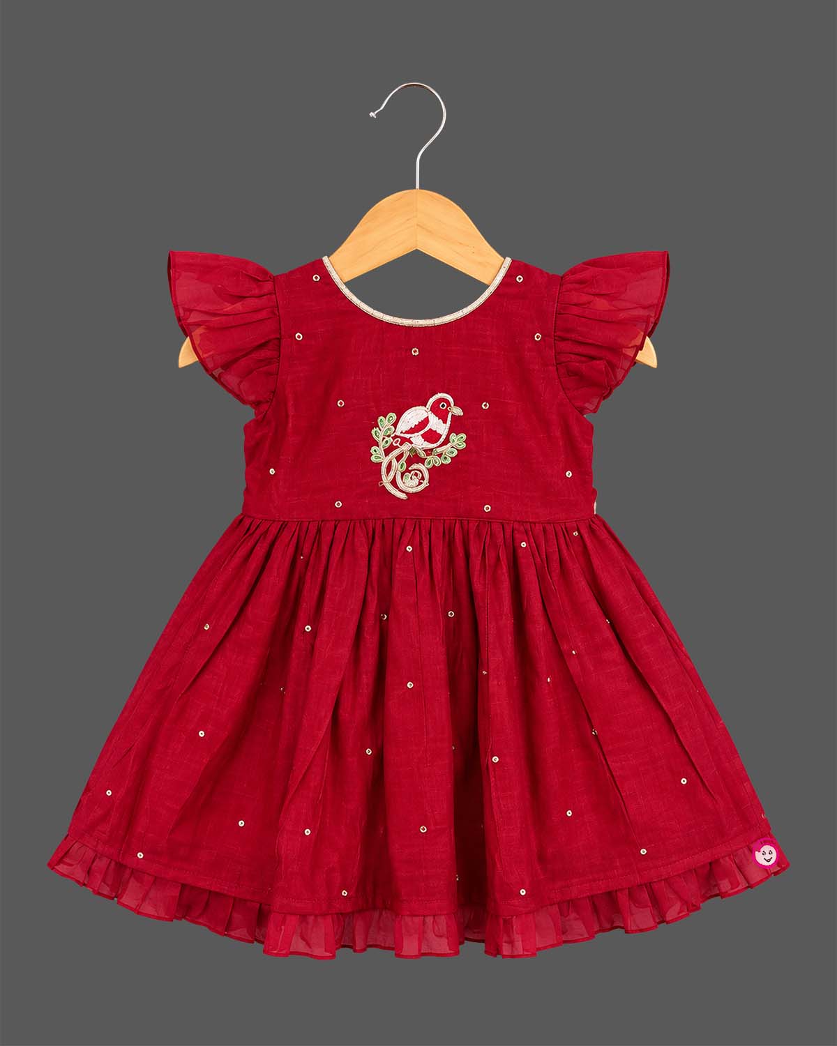 Embroidered silk frocks for baby girl featuring frill  sleeve and bird motif