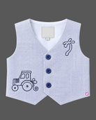 Indo western dress for boys featuring a structured waistcoat, shirt, bow tie, and pant with embroidered accents.