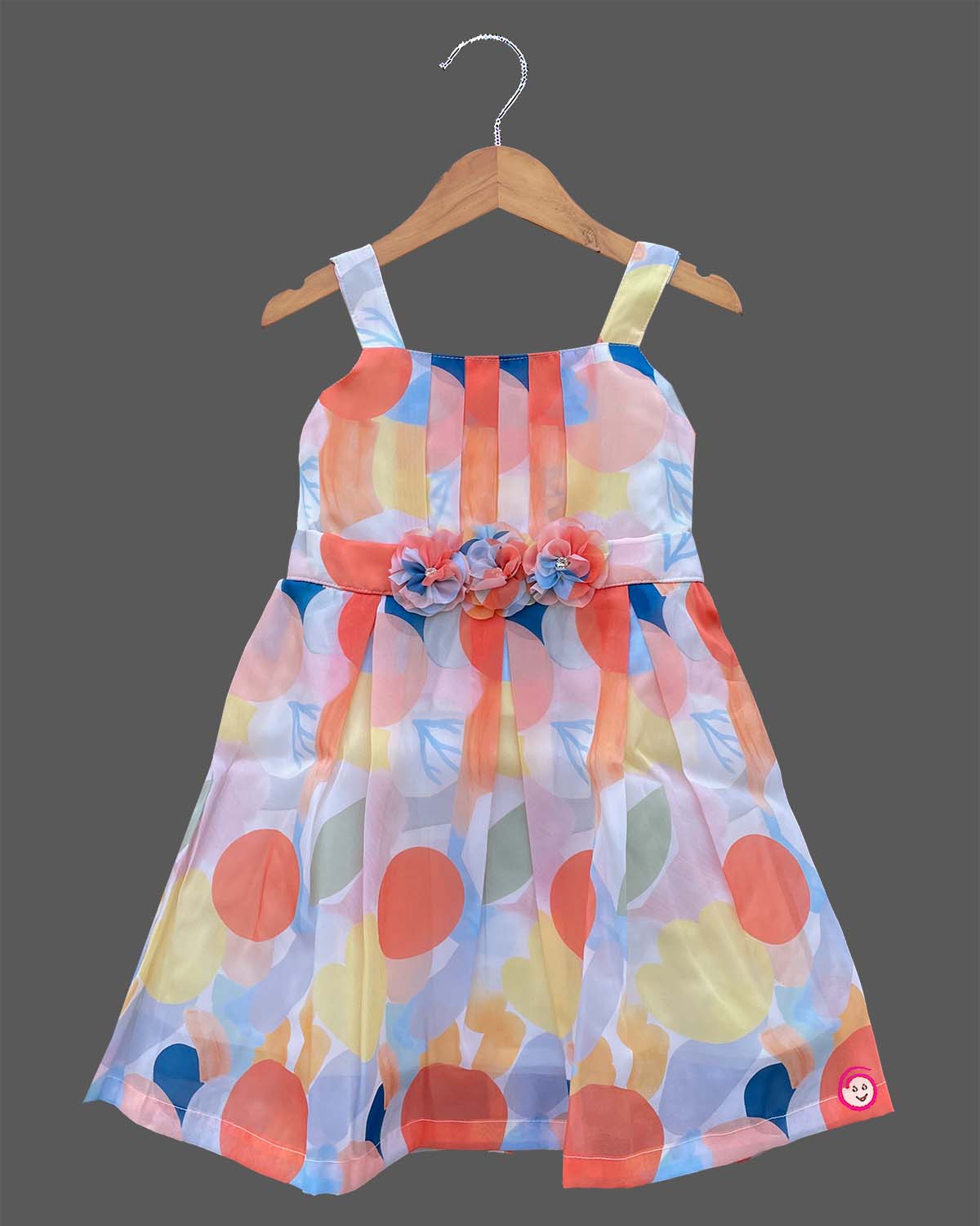 Multicolor orange and peach toddler cotton floral dress with waist flowers