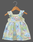 Pastel green schiffli floral casual frock for toddler girls with teddy patch