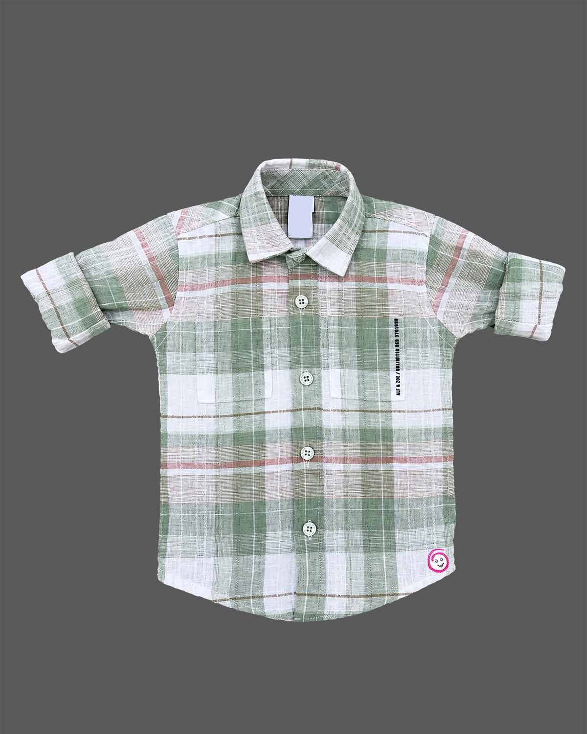 Boys cotton plaid check button-up shirt and graphic printed inner t-shirt 2-piece clothing set