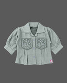 Little girl embroidered pocket shirt with elbow sleeve for garden party wear