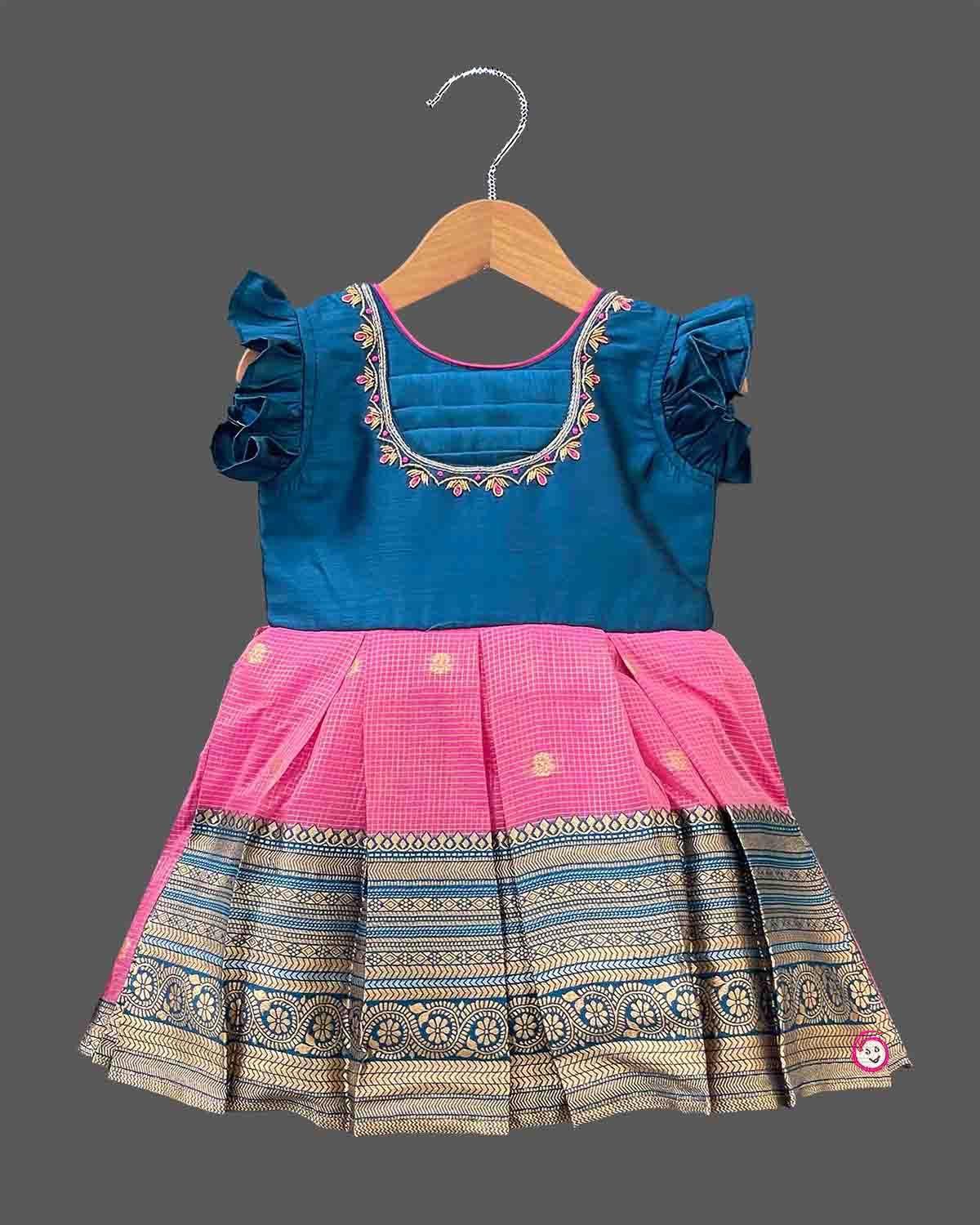 Baby Girl Silk Cotton Frock with Pattu Pavadai traditional border and embroidered neck for festive ethnic wear