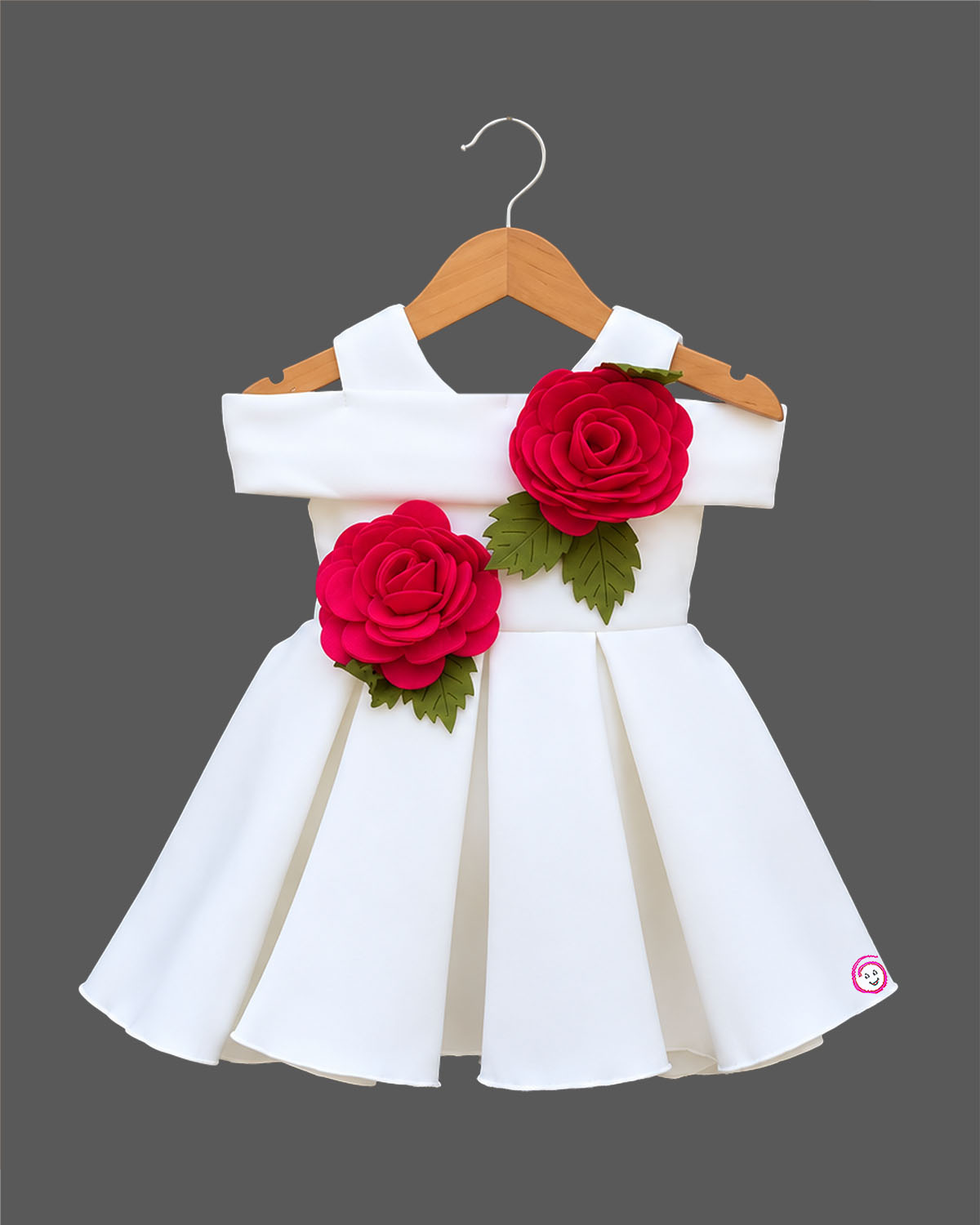Sleeveless pleated party dress featuring large 3D fabric rose appliques and structured flared skirt