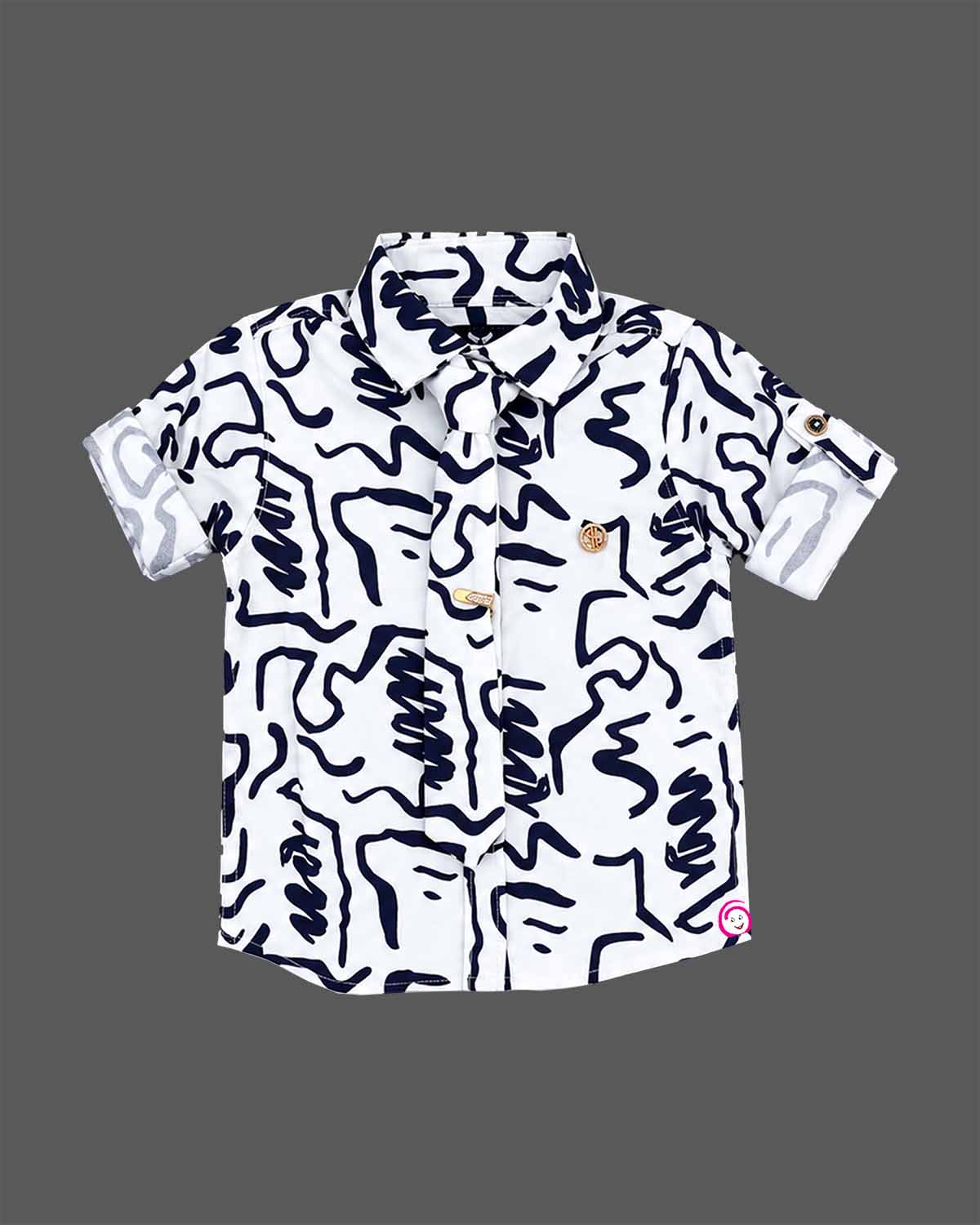 indo western dress for boys featuring abstract print short sleeve shirt and tailored trousers