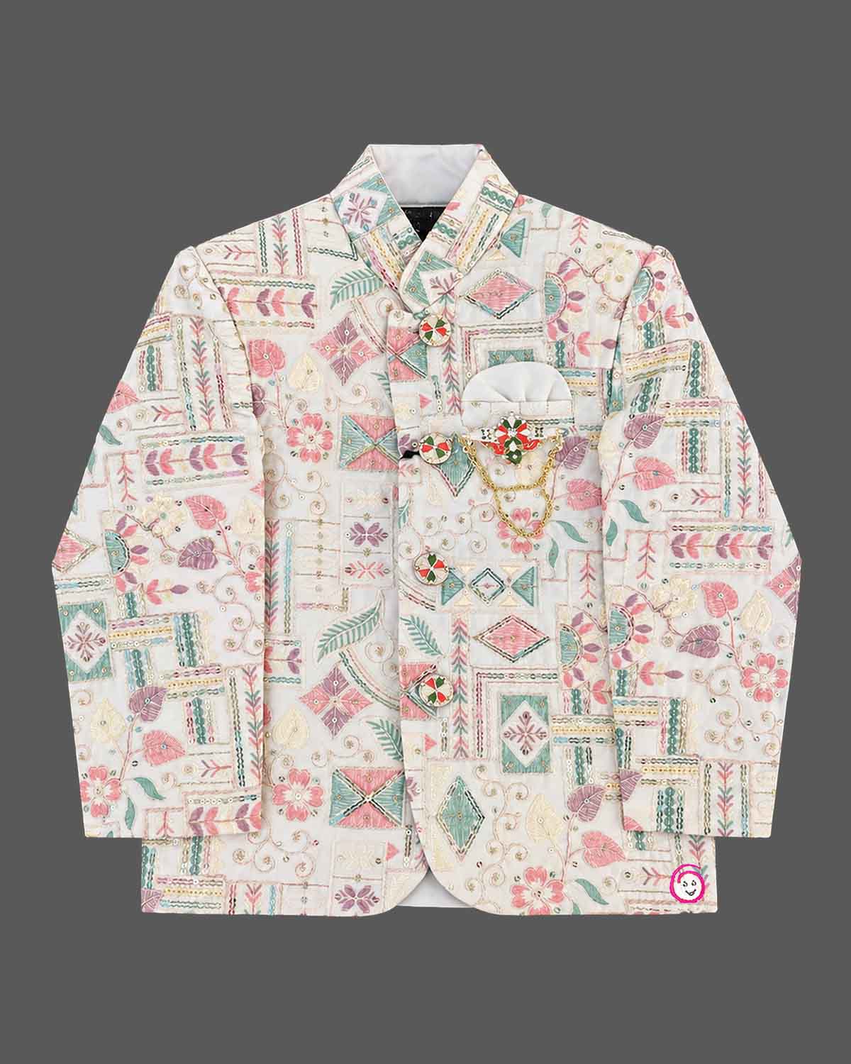 Embroidered indo western dress for boys featuring mandarin collar jacket and trousers