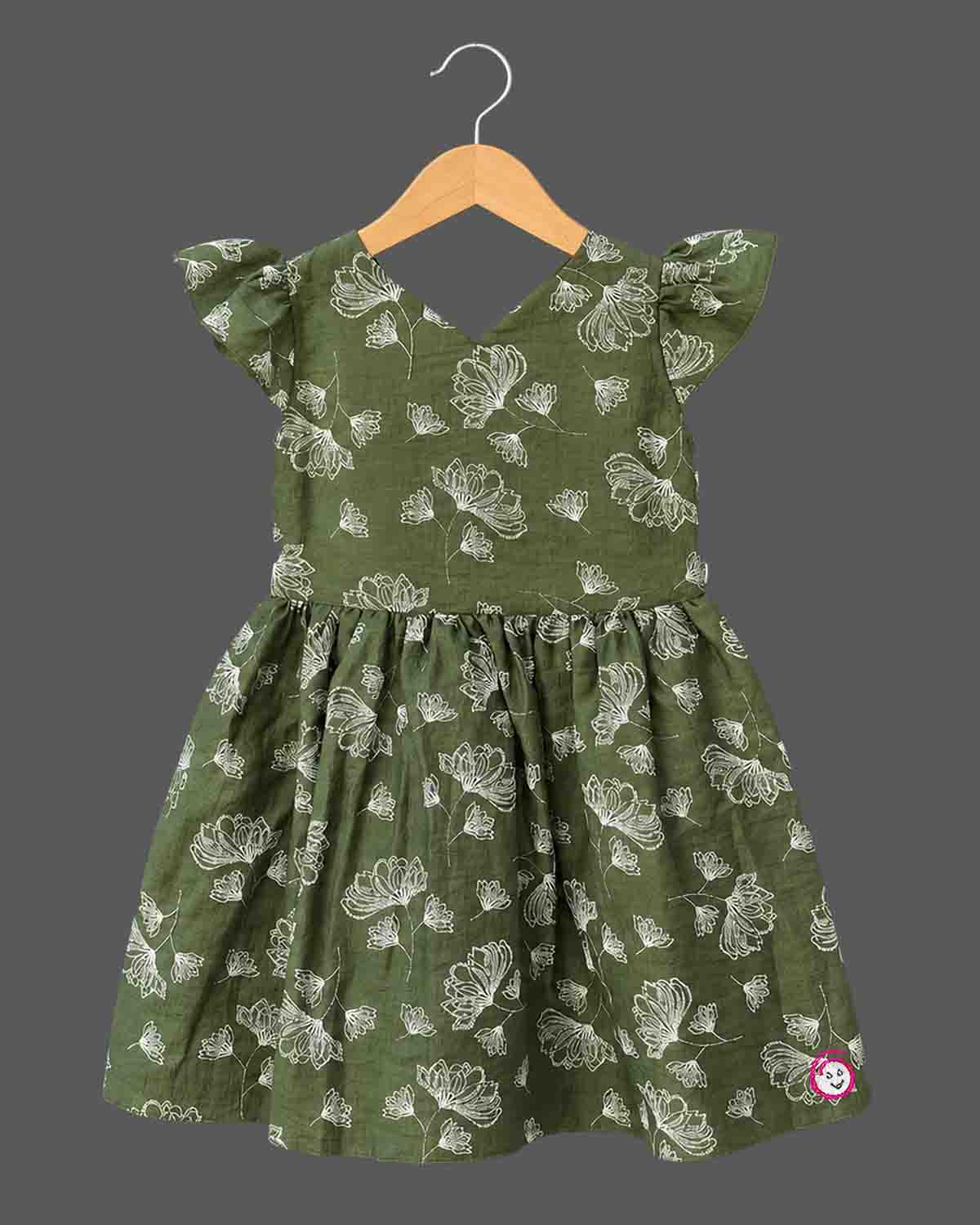 Cotton Frock For Baby Girl With Flutter Sleeves, V-Neck, Gathered Waist And Floral Outline Print