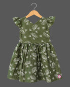 Cotton Frock For Baby Girl With Flutter Sleeves, V-Neck, Gathered Waist And Floral Outline Print