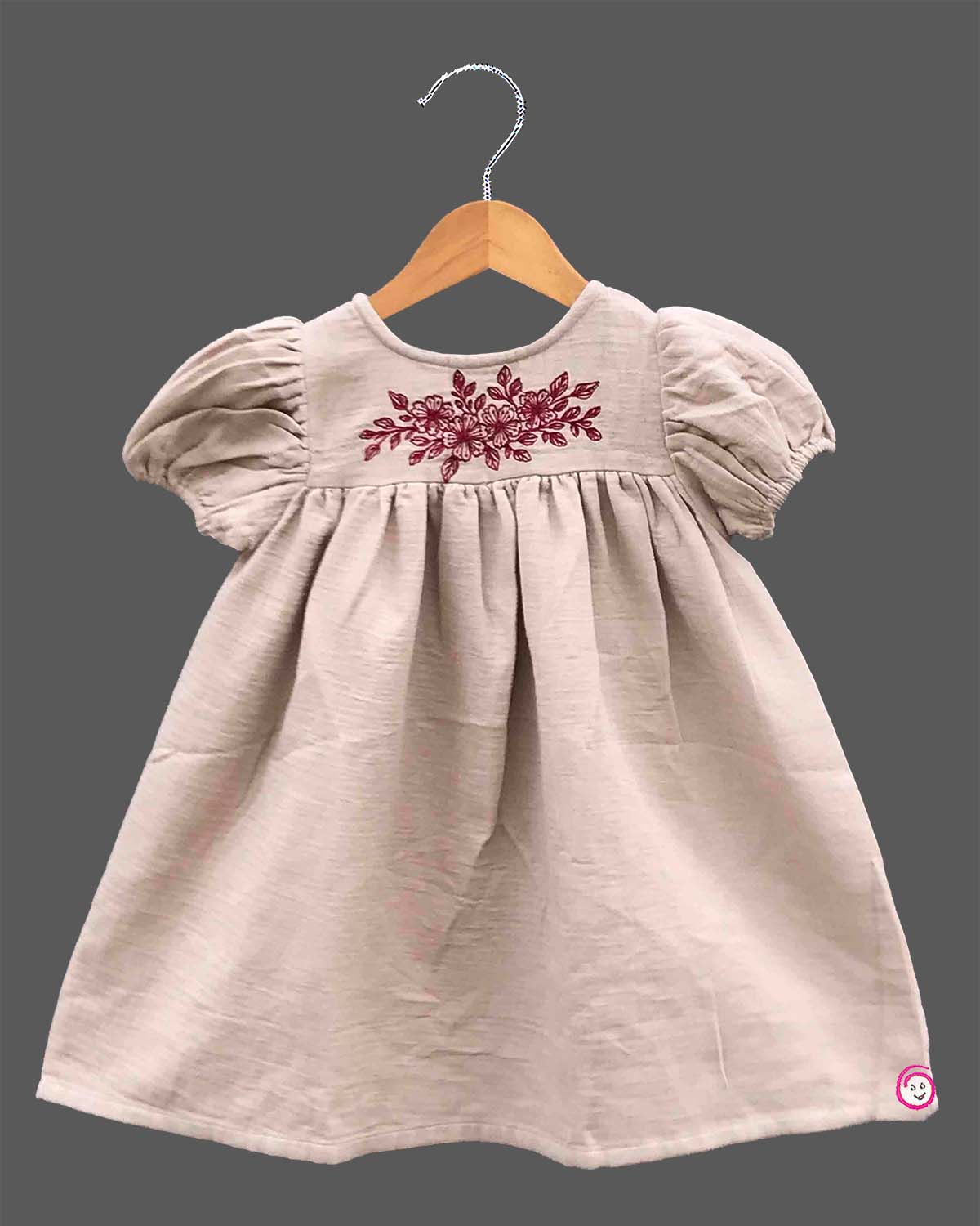 Infant cotton casual frock with chest embroidery and puff sleeves