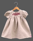 Infant cotton casual frock with chest embroidery and puff sleeves