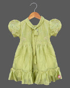 Olive green toddler embroidered casual frock with puff sleeves and bow tie