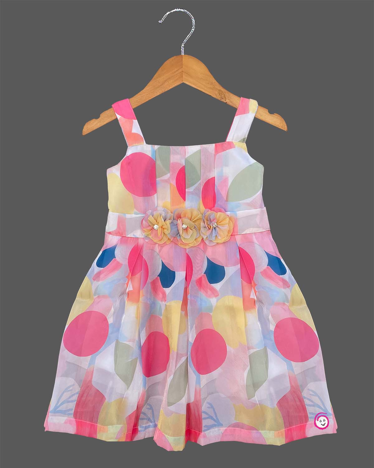 Pink yellow blue baby girl printed cotton frock with floral waist appliqués