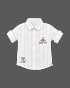 Pinstriped short-sleeve shirt and cargo trousers set designed as party wear for boys with embroidered pocket detail.