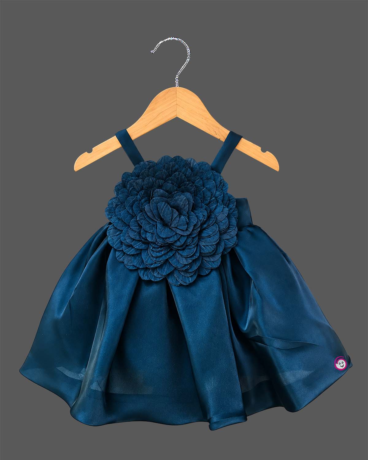 Toddler Floral Organza Frock for Birthday Party and Evening Reception featuring a large 3D flower appliqué bodice with comfortable shoulder straps.
