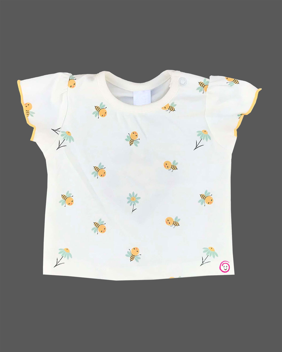 Mustard yellow baby girl cotton knit pinafore dress with daisy embroidery and white bee print frill sleeve top