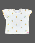 Mustard yellow baby girl cotton knit pinafore dress with daisy embroidery and white bee print frill sleeve top