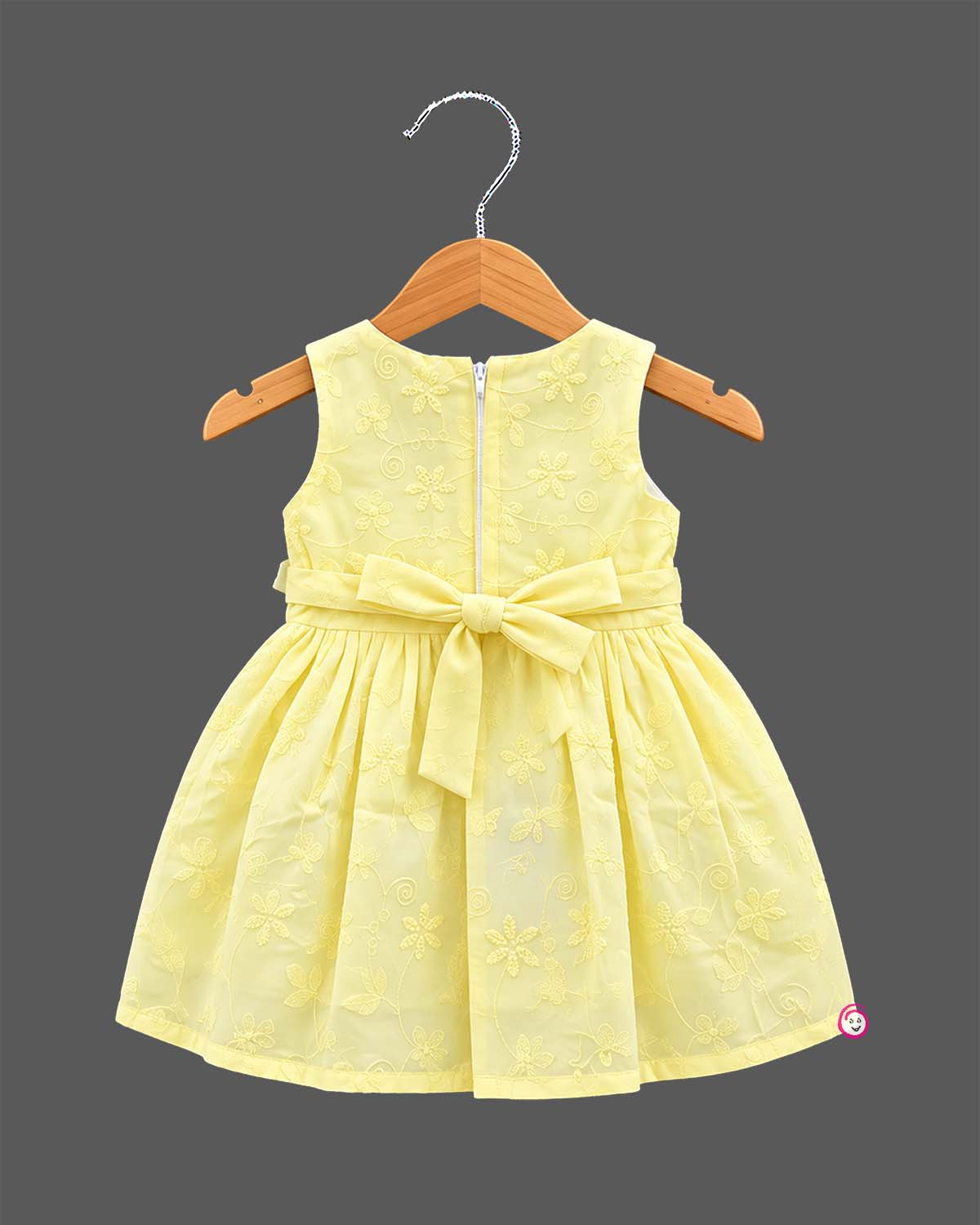 Infants frock with floral schiffli embroidery and butterfly accent for casual wear