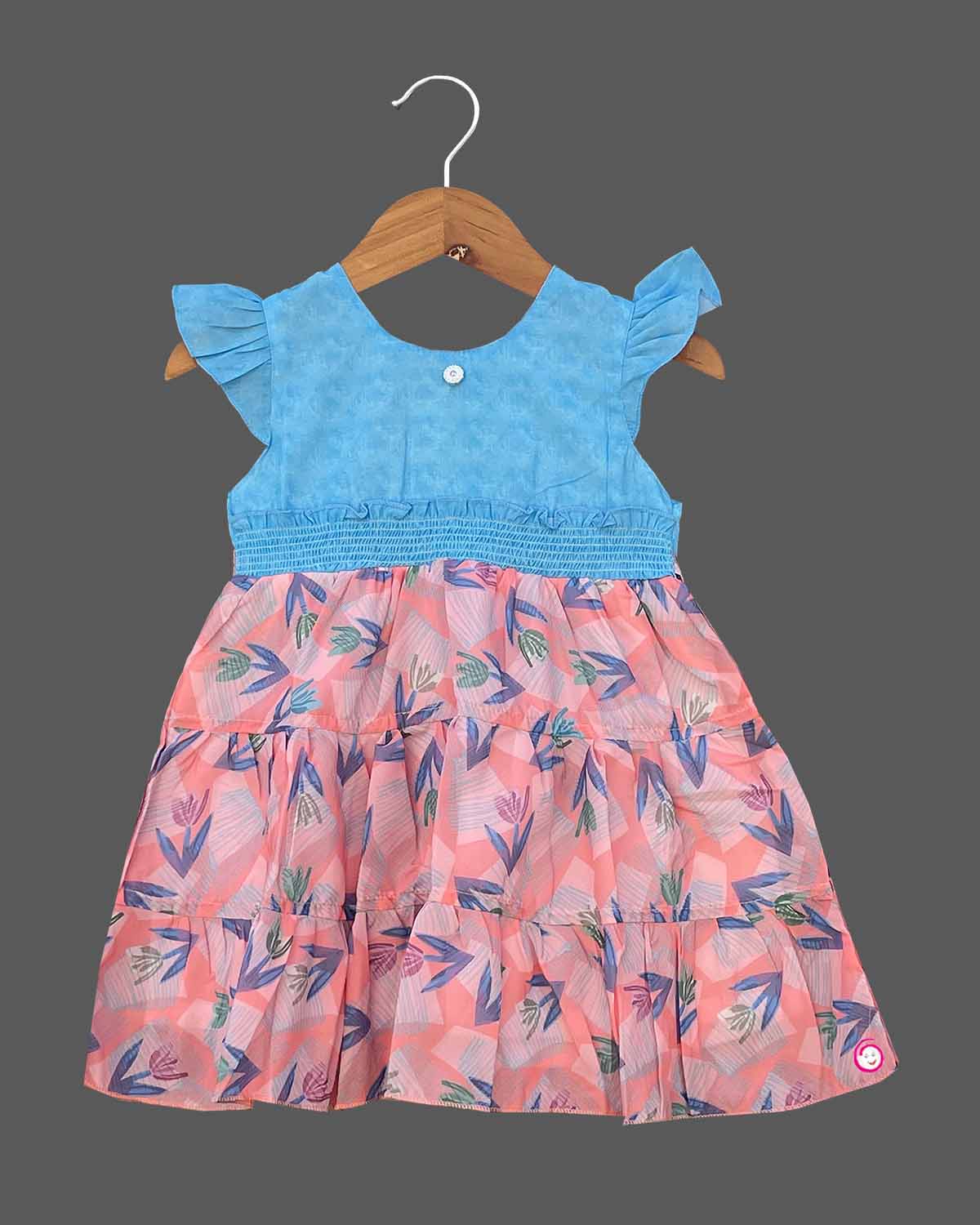 Girls leaf design printed casual frock - Sky Blue