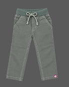 Cotton pant with adjustable ribbed drawstring waistband and contrast topstitching party wear for boys.