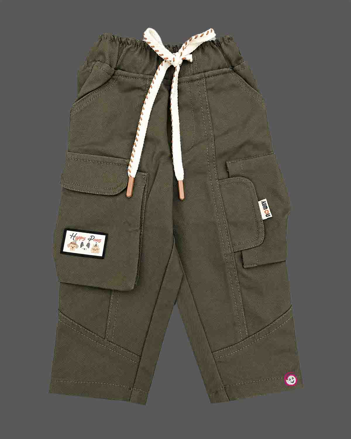 Trendy utility cargo pant for toddler boys featuring multi-flap pockets, graphic patch detail, and a thick braided drawstring waist.