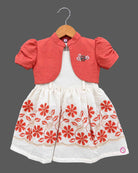 Little princess cream and rust orange floral embroidered cotton frock with short puff sleeve jacket for girls