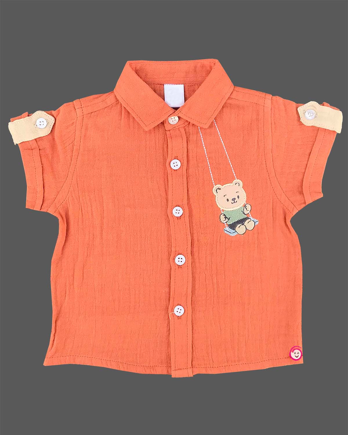 Orange premium muslin cotton shirt and shorts set with swinging teddy bear embroidery for daycare and family trips