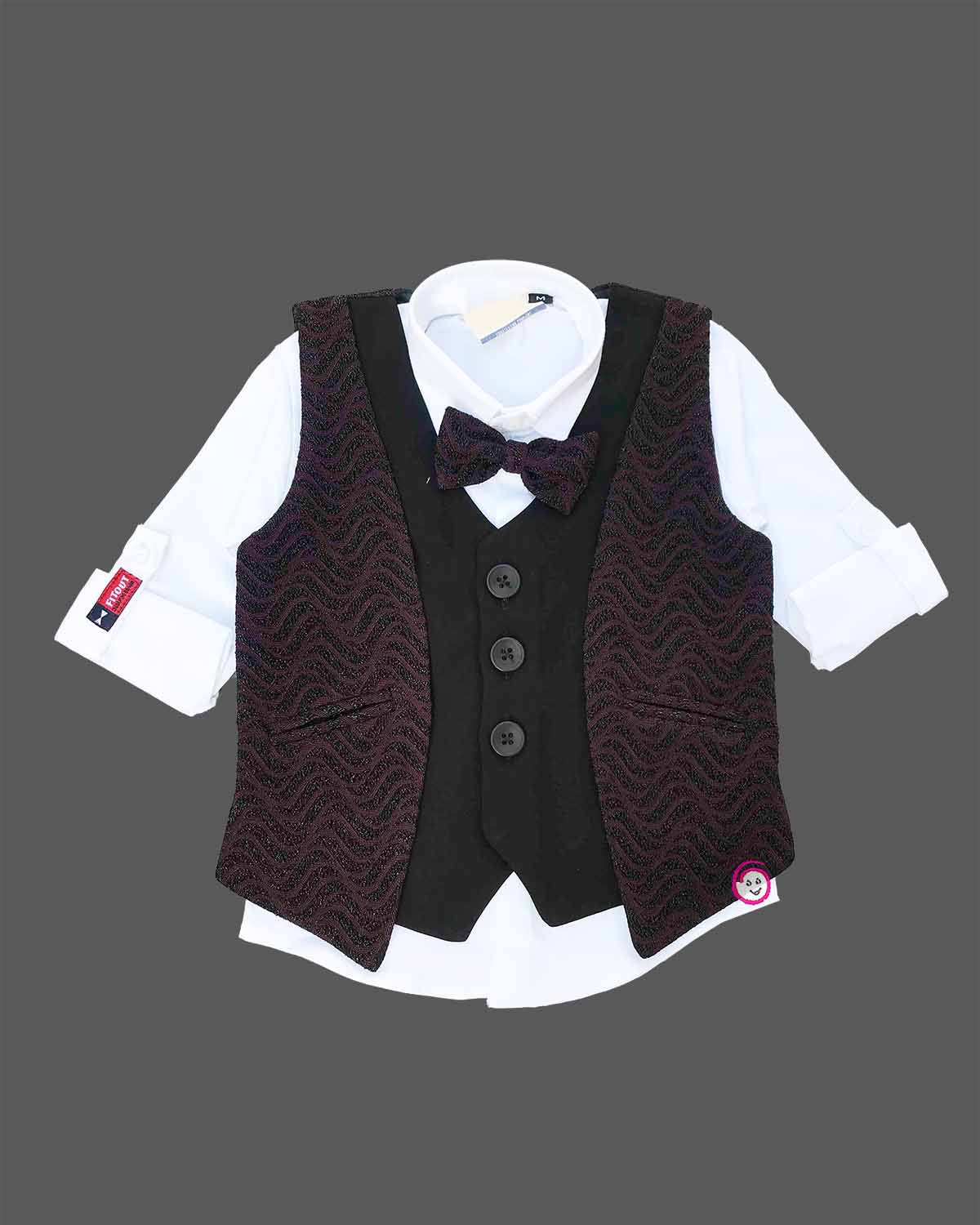Black and wine purple textured velvet waistcoat suit set with bow for boys