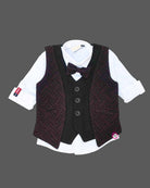 Black and wine purple textured velvet waistcoat suit set with bow for boys