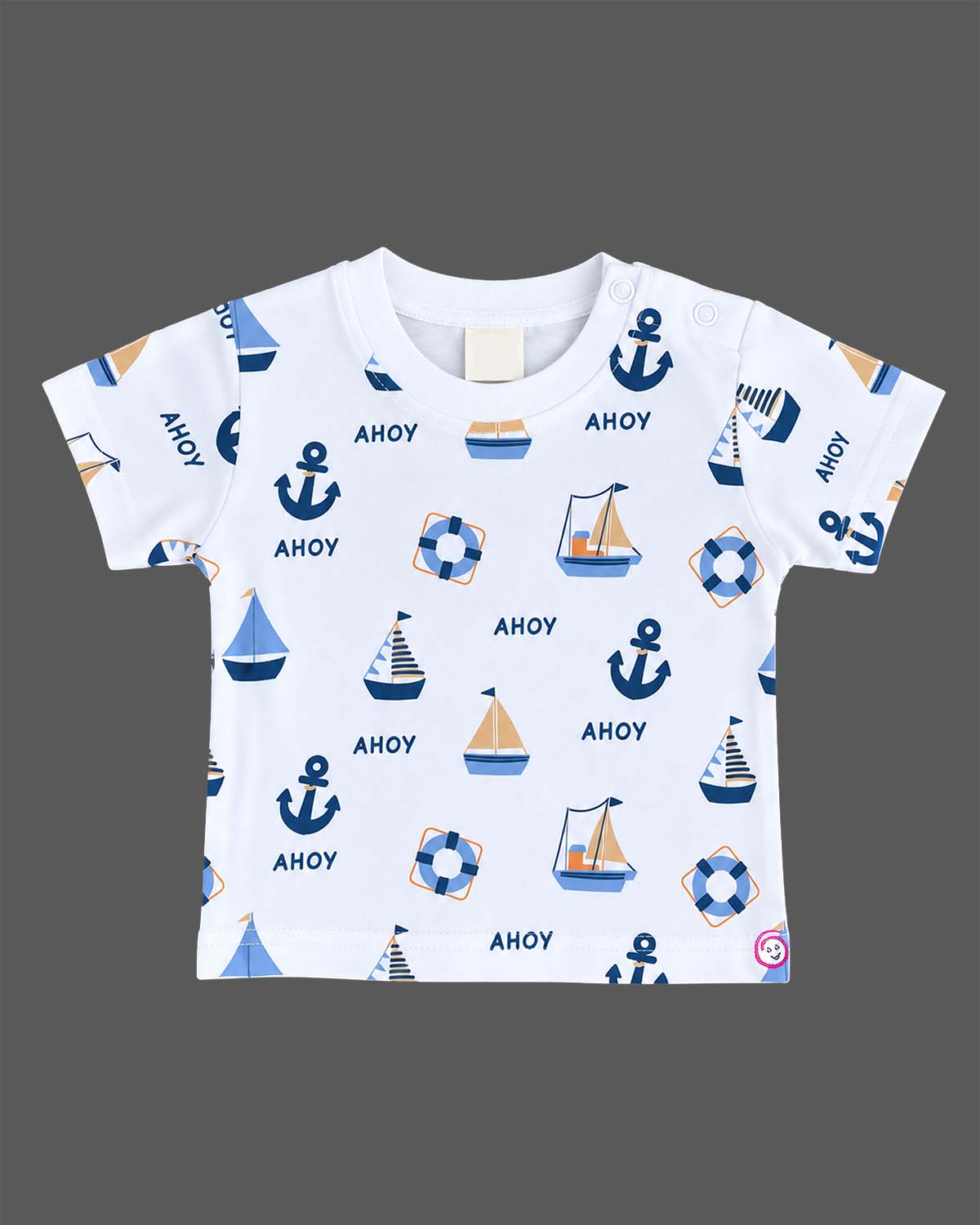 Boys dungaree set with nautical printed round neck t-shirt and light brown dungaree shorts