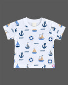 Boys dungaree set with nautical printed round neck t-shirt and light brown dungaree shorts