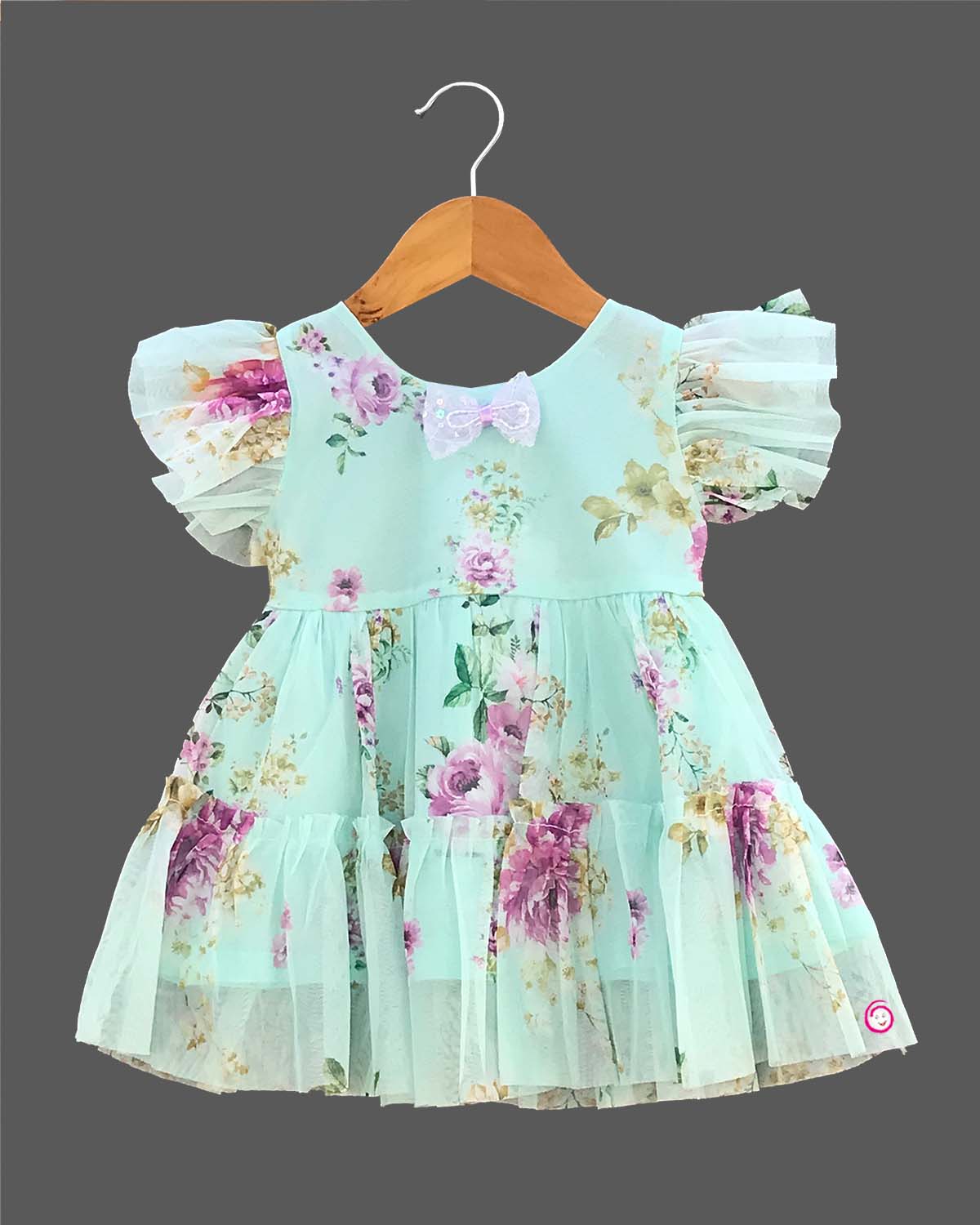 Girls floral printed casual frock - Sea Green